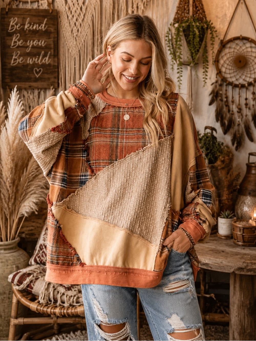 Oli & Hali Rust Plaid Boho Patchwork Loose fit sweater NWOT